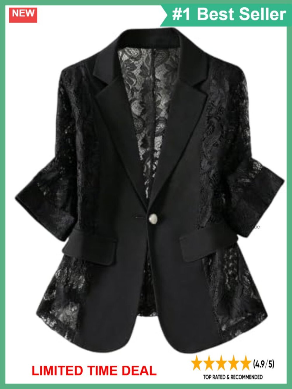 Lace Blazer 3/4 Sleeve Button Front Business Casual Office Jacket Sheer